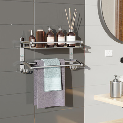 Nexanest Wall Mount Bathroom Accessories/Rack Shelf/Towel Holder with Hooks/Storage Shelf 14 inch 2 Bar Towel Rod(Stainless Steel Pack of 1)