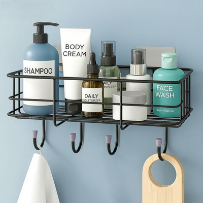 GRIVAN Premium Self Adhesive Wall Mounted Rack With Hooks | Bathroom & Kitchen Shelf 11 inch 0 Bar Towel Rod(Stainless Steel)