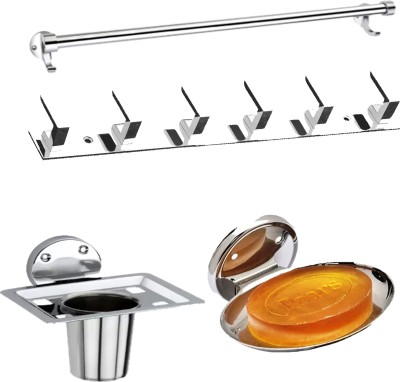 APERSON Towel rod /L hanger 6 pins/ Soap dish / Toothbrush holder /pack of 4) 24 inch 2 Bar Towel Rod(Stainless Steel)