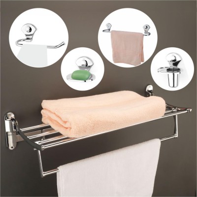 GLOXY Combo of 5 Folding Towel Rack+Towel Rod+Soap Dish+Toothbrush Holder & Towel Ring 24 inch 1 Bar Towel Rod(Stainless Steel Pack of 5)