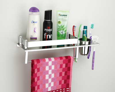 Pillu Stainless Steel 3 in 1 Multipurpose Bathroom Shelf/Rack/Towel Hanger/ 15 inch 1 Bar Towel Rod(Stainless Steel Pack of 1)