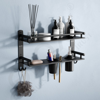 GLOXY Black Matte Finish 6 in1 Multipurpose 2 Layer Bathroom Shelf, Racks Shelves 15 inch 2 Bar Towel Rod(Stainless Steel Pack of 1)