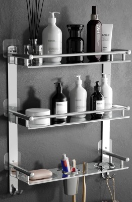 GLOXY 3 in 1 Multipurpose Bathroom Shelf/Rack/Hanger 24 inch 3 Bar Towel Rod(Stainless Steel Pack of 1)