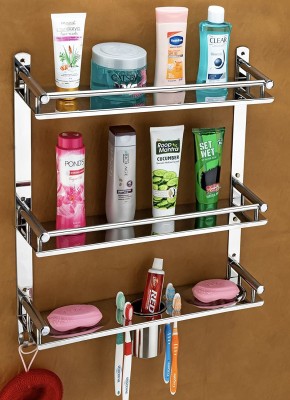 LivesUp 3 Layer Multipurpose Bathroom Shelf and Rack with Soap Dish and Tumbler Holder(Silver)