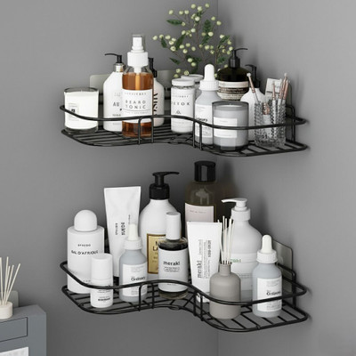 GRIVAN Self Adhesive Corner Shelf | Wall Mounted Bathroom & Kitchen Rack With Sticker 15.2 inch 0 Bar Towel Rod(Stainless Steel Pack of 2)