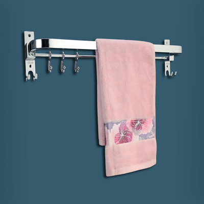GLOXY Wall Mounted Foldable Bathroom Towel Hanger with Hooks 24 inch 1 Bar Towel Rod(Stainless Steel Pack of 1)
