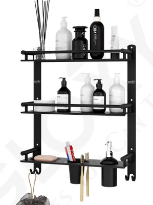 GLOXY 3 Layer Multipurpose Shelf/Rack with Dual Soap Dish/Toothbrush/Dispenser holder 15 inch 3 Bar Towel Rod(Stainless Steel Pack of 1)