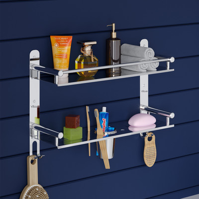 GLOXY by GLOXY 4IN1 SS Bathroom Shelf with Soap Dish and Toothbrush Holder Bathroom Accessories Silver Towel Holder(Stainless Steel)