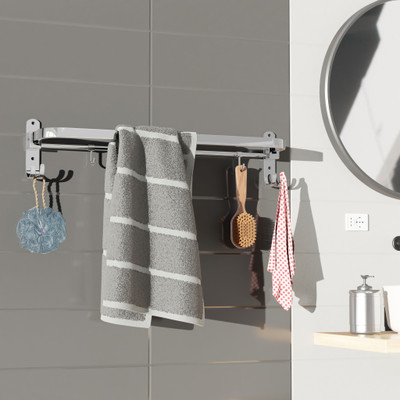 Nexanest Space-Saving Foldable Towel Rack/Shelf and Hooks/Wall Mount Bath Organizer With 24 inch 1 Bar Towel Rod(Stainless Steel Pack of 1)