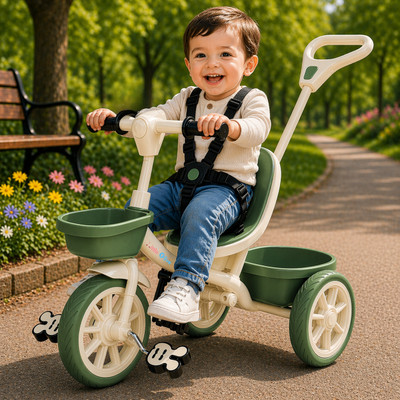 Little Olive Kids Tricycle with Parent Handle, Safety Harness, Storage Basket & Wide Wheels Tricycle(Green, Multicolor, White)