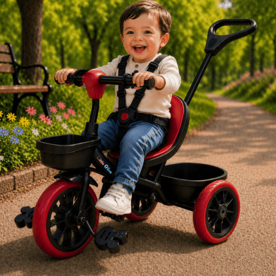 Little Olive Kids Tricycle with Parent Handle, Safety Harness, Storage Basket & Wide Wheels Tricycle(Red)