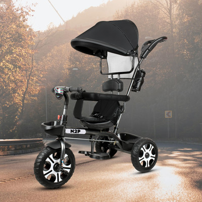 N2P Reversible Seat Tricycle with Parent Push Bar,Canopy,Storage Basket Best For 1 to 5 Years Baby Kids Tricycle(Black)