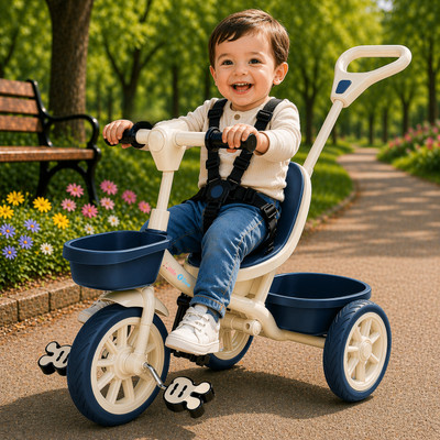 Little Olive Kids Tricycle with Parent Handle, Safety Harness, Storage Basket & Wide Wheels Tricycle(Light Blue, Multicolor)
