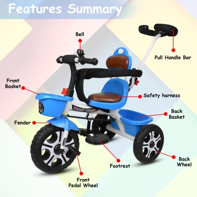 N2P Premium Baby Tricycle/Ride On Stylish with Cushione Seat and Push Bar Kids Best Tricycle with Parental Push Handle Tricycle(Blue)