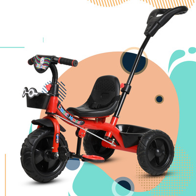 TOYSHOPPEE Parental Handle Tricycle with Front-Back Basket for Storage New Trike for age 1-5 Years Baby Kids Tricycle(Red)
