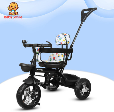 Baby Smile Tricycle with Parental Handle|cycle for kids 2 to 5 years Dual Storage Basket ST_06 Tricycle(Black)
