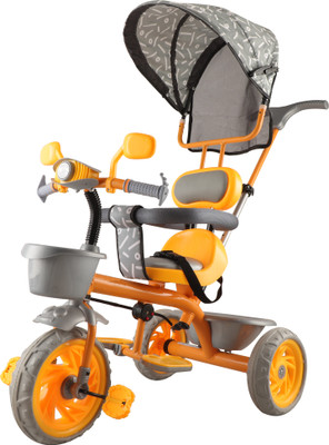 JoyRide Tiny Trekker Musical Tricycle for Kids | 1.5 to 5 Years | Parental Push Handle | Foldable Canopy | Storage Baskets | Plug & Play Trikes for Girls Boys Tricycle(Yellow)