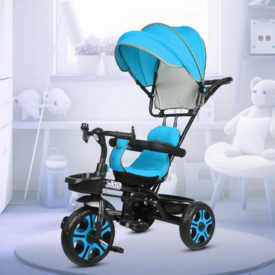 KRIDDO with Canopy Dual Storage Basket With Parental Handle Control 02 with Cushioned Seat,Storage Basket and Safety Guardrail for Kids 02 Tricycle(Yellow)