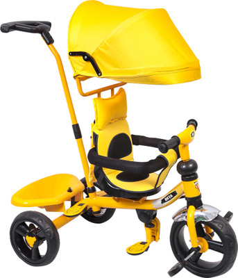 BeyBee Beta Beta Safe & Secure Baby Tricycle with Sun Canopy, Basket,Parent-Push Handle|Kids Tricycle(Yellow)
