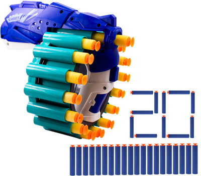 Toy Cloud Super Shoot Manual Dart Gun with 16 Dart Rotating Drum, Includes 20 Foam Darts Guns & Darts(Blue, White)