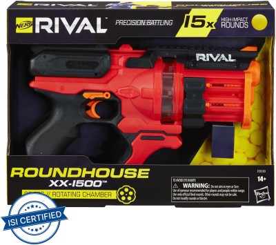 Nerf Rival Roundhouse XX-1500 Red Blaster, Clear Rotating Chamber Loads Rounds into Barrel, 5 Integrated Magazines, 15 Rival Rounds Guns & Darts(Multicolor)