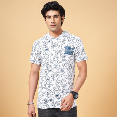 SF Jeans by Pantaloons Printed Men Hooded Neck White T-Shirt