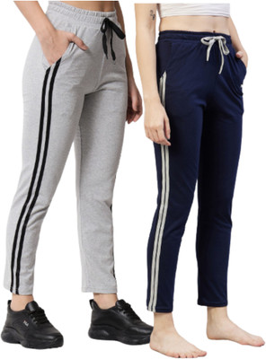 TRENDEFY Solid, Striped Women Dark Blue, Grey Track Pants