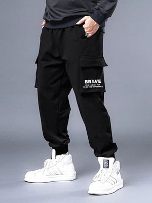 Jump Cuts Printed Men Black Track Pants