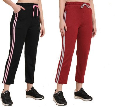 Trendy World Striped Women Black, Maroon Track Pants