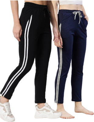 TRENDEFY Solid, Striped Women Black, Dark Blue Track Pants