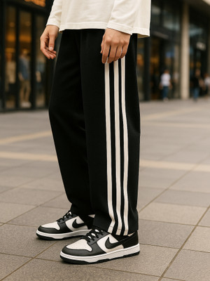 Jump Cuts Striped Men Black Track Pants