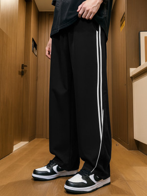 Jump Cuts Striped Men Black Track Pants