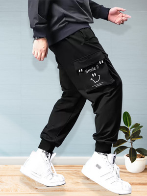 Jump Cuts Printed Men Black Track Pants