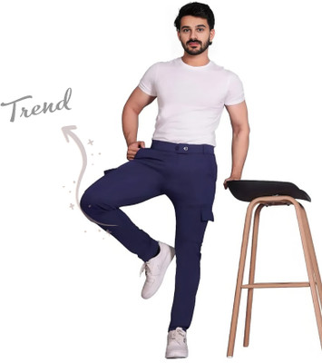 Fashionable Cotton Blend Solid Men Blue Track Pants