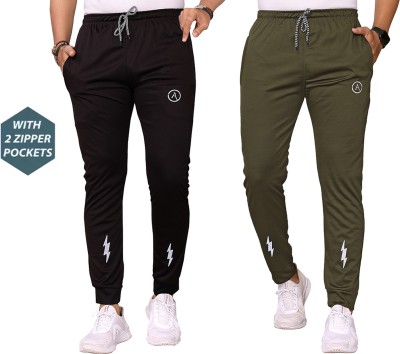 Anand Self Design Men Black, Dark Green Track Pants