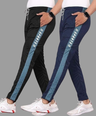 Cronix Self Design, Striped Men Black, Dark Blue Track Pants