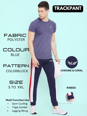 Chrome & Coral Colorblock Men Dark Blue Track Pants