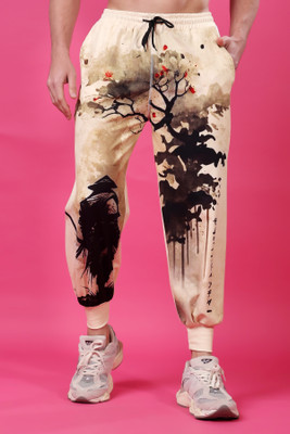 Yellow Tree Graphic Print Men Beige, Black Track Pants