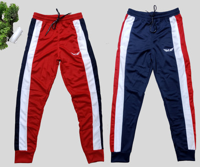 Chrome & Coral Colorblock Men Red, Dark Blue Track Pants