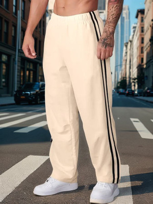 Jump Cuts Striped Men Beige Track Pants