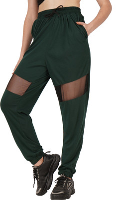 Fashionable Colorblock Women Dark Green Track Pants