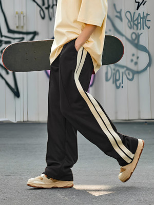 Jump Cuts Striped Men Black Track Pants