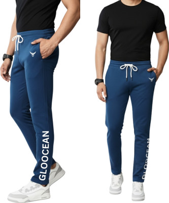 Gloocean Solid, Self Design, Printed Men Dark Blue Track Pants