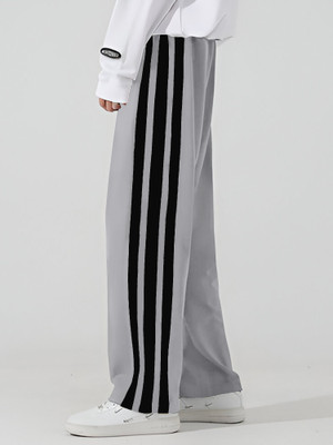Jump Cuts Striped Men Grey Track Pants