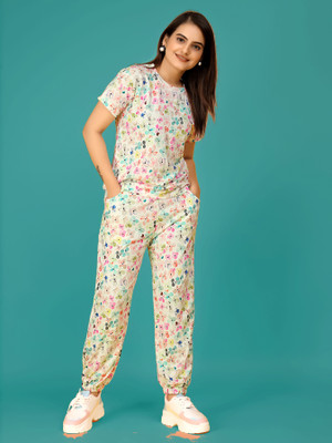 DreamBe Women Printed Multicolor, White Top & Pyjama Set