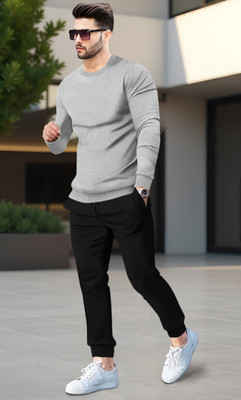 BLIVE Men Solid Grey, Black Night Suit Set