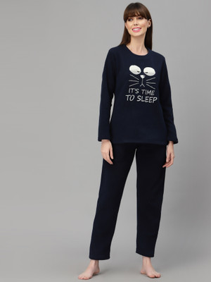 SWEET DREAMS Women Printed Dark Blue Top & Pyjama Set