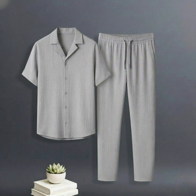 VALLY CREATION Men Self Design Grey Night Suit Set