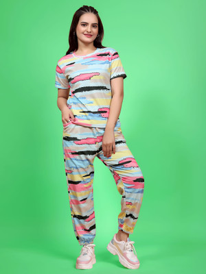 JK Creation Women Printed Light Blue, Multicolor Top & Pyjama Set