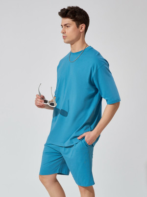 MANIAC Men Solid Blue Night Suit Set